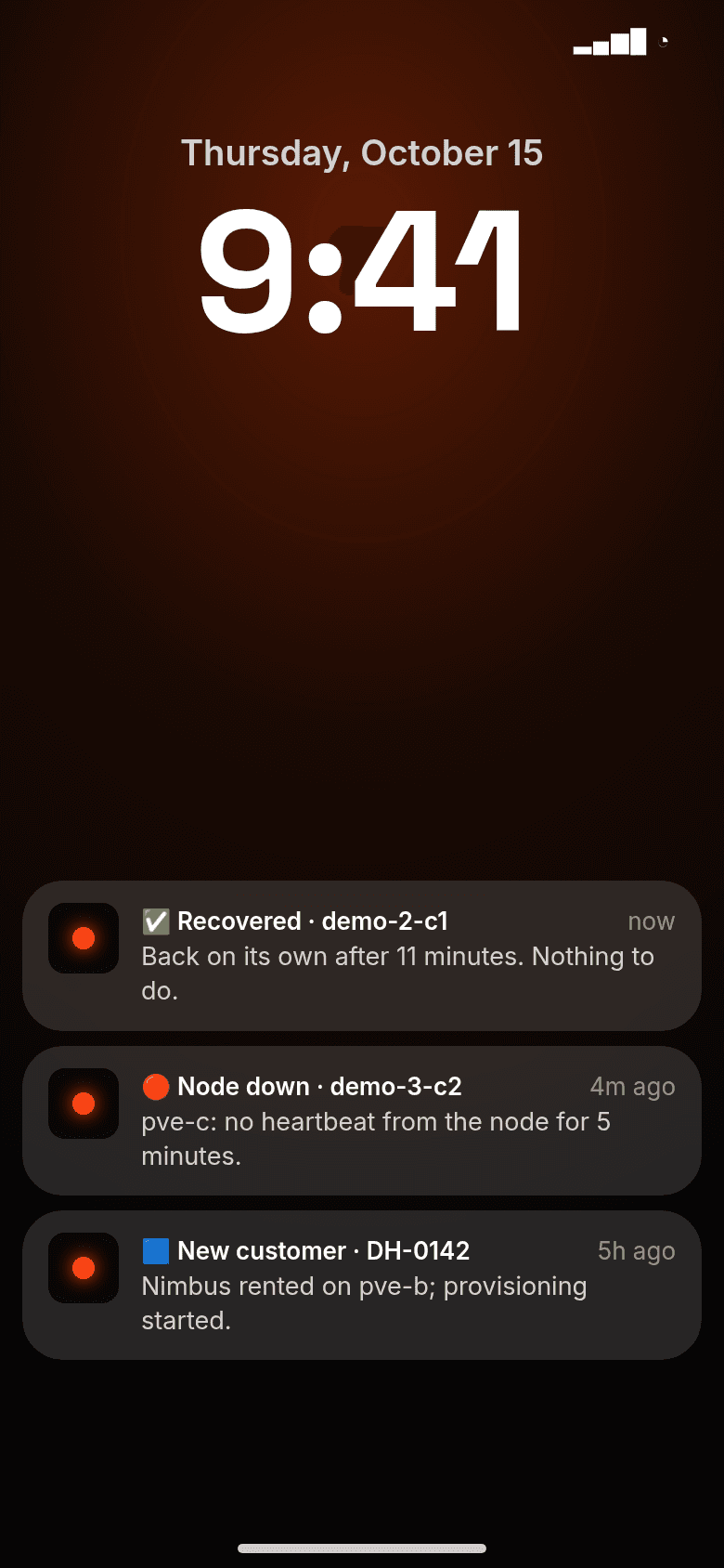 Lock screen with Flux Hub notifications: node recovered, node down, new customer