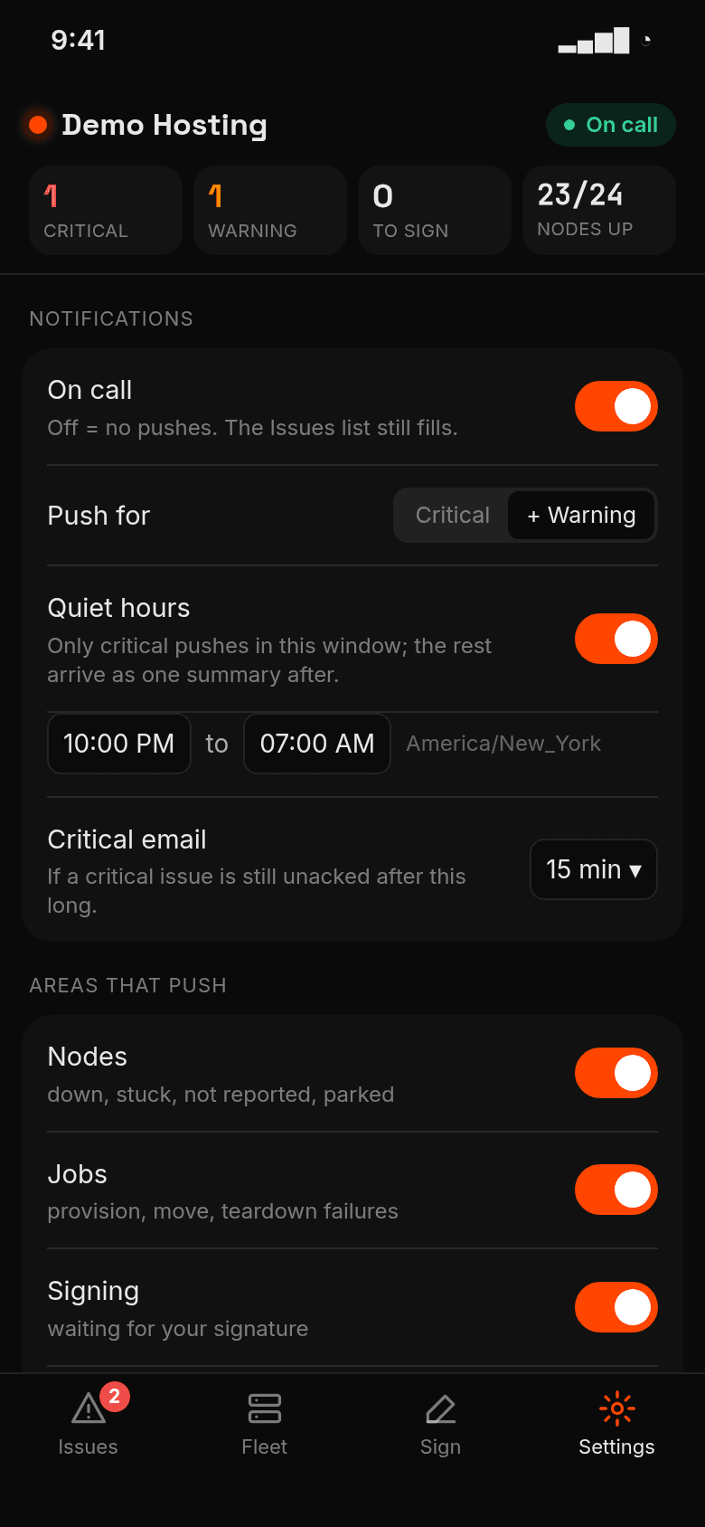 Flux Hub App Settings: on call, push severity, quiet hours, critical email, areas that push